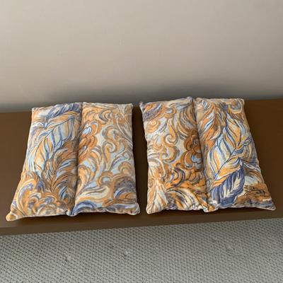 LOT 1 L: 2 Matching Orange & Blue 1970's Style Feather Print Velveteen Loveseats