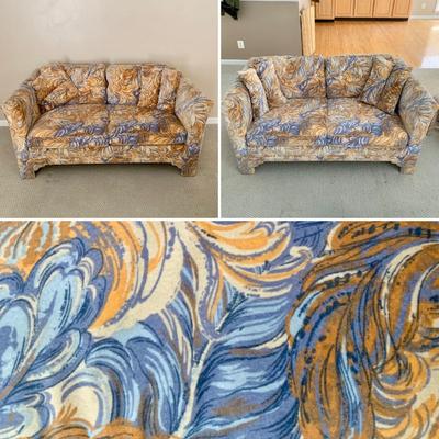 LOT 1 L: 2 Matching Orange & Blue 1970's Style Feather Print Velveteen Loveseats