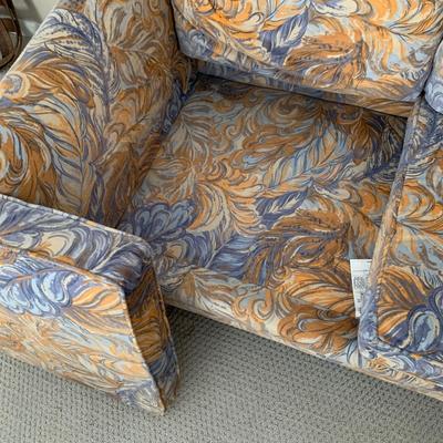 LOT 1 L: 2 Matching Orange & Blue 1970's Style Feather Print Velveteen Loveseats