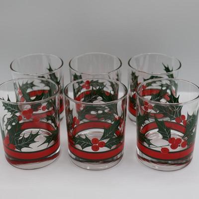 Vintage Christmas Libbey Holly & Berries Rocks Glasses - Set of (6)