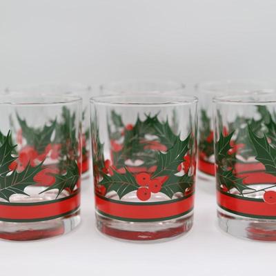 Vintage Christmas Libbey Holly & Berries Rocks Glasses - Set of (6)