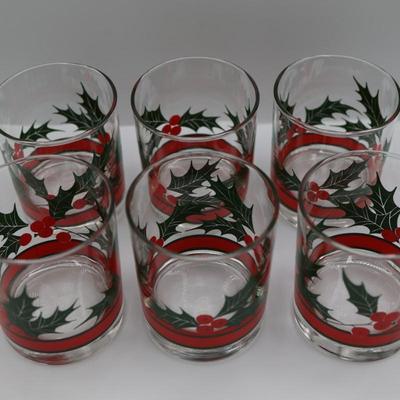 Vintage Christmas Libbey Holly & Berries Rocks Glasses - Set of (6)
