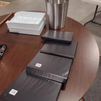 Office Supplies- Binders, Stainless Trash Can, Drawer Organizers