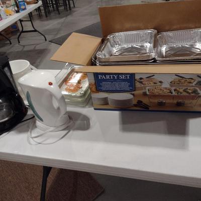 Assorted Kitchen Ware- Coffee Pot, Electric Kettle, Aluminum Buffet Pans, etc.