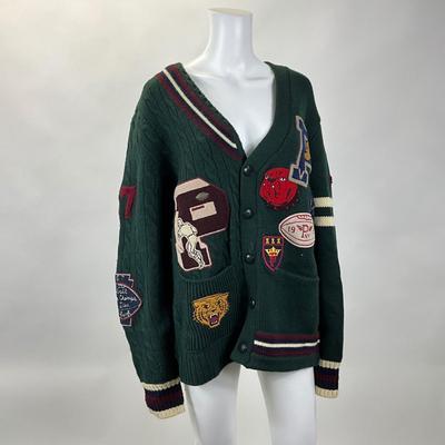250 RALPH LAUREN Patchwork Merino Wool Letterman Cardigan Size L