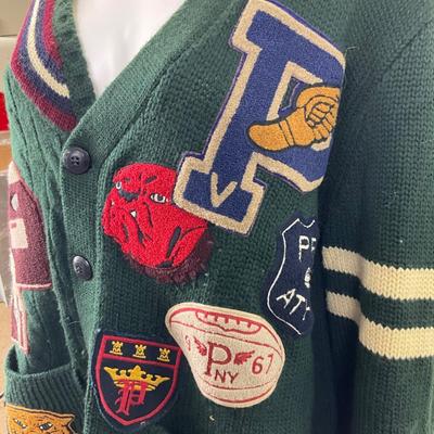 250 RALPH LAUREN Patchwork Merino Wool Letterman Cardigan Size L