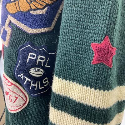 250 RALPH LAUREN Patchwork Merino Wool Letterman Cardigan Size L