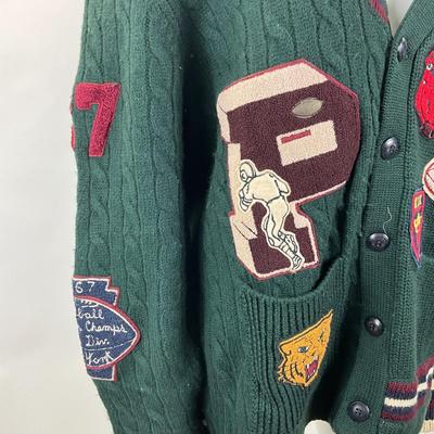 250 RALPH LAUREN Patchwork Merino Wool Letterman Cardigan Size L