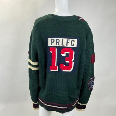 250 RALPH LAUREN Patchwork Merino Wool Letterman Cardigan Size L