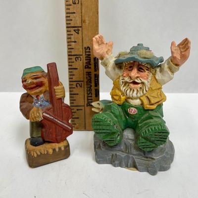 2 Wooden Figurines, Miniature Cello Player and Fisherman by David Frykman Carved Wooden