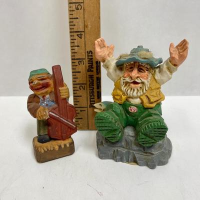 2 Wooden Figurines, Miniature Cello Player and Fisherman by David Frykman Carved Wooden