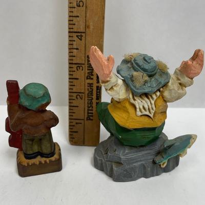 2 Wooden Figurines, Miniature Cello Player and Fisherman by David Frykman Carved Wooden