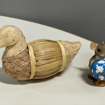 Cornstock duck with cork head, teacher, mouse ornament, and painted floral glass decor