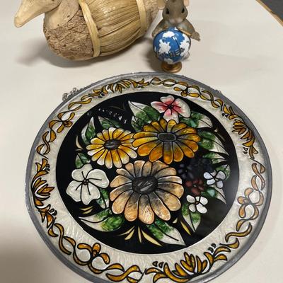 Cornstock duck with cork head, teacher, mouse ornament, and painted floral glass decor