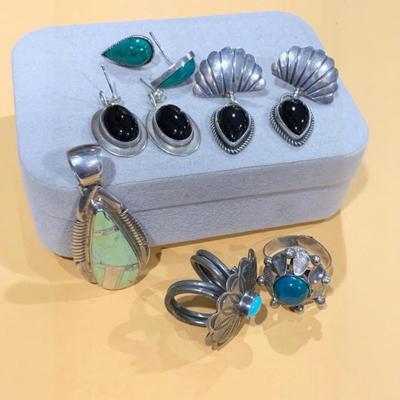 Nice Lot - SW Sterling Jewelry Lot - Signed J. Charley Pendant + Sterling Earrings & Rings