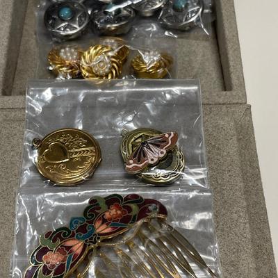 Button covers, lockets and hair clip