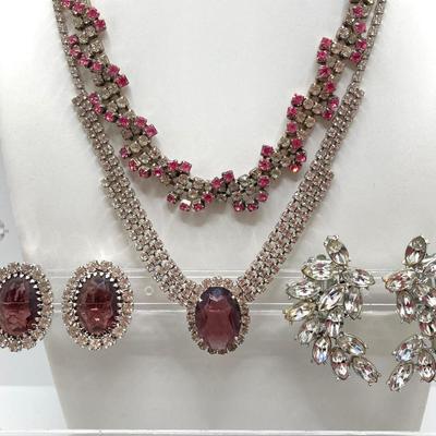 LOT 33: Faceted Crystal Beads 17", Double Strand Aurora Borealis Crystal Beads 17" and Rhinestone Necklaces and Earrings