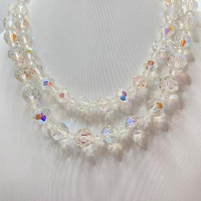 LOT 33: Faceted Crystal Beads 17", Double Strand Aurora Borealis Crystal Beads 17" and Rhinestone Necklaces and Earrings