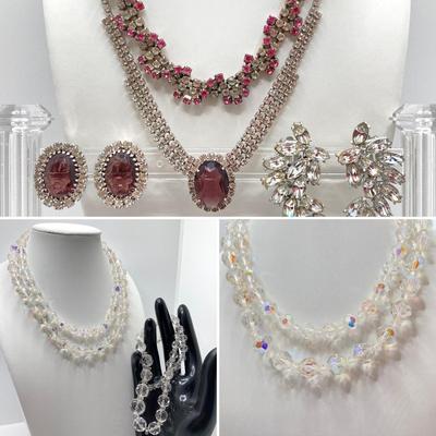 LOT 33: Faceted Crystal Beads 17", Double Strand Aurora Borealis Crystal Beads 17" and Rhinestone Necklaces and Earrings
