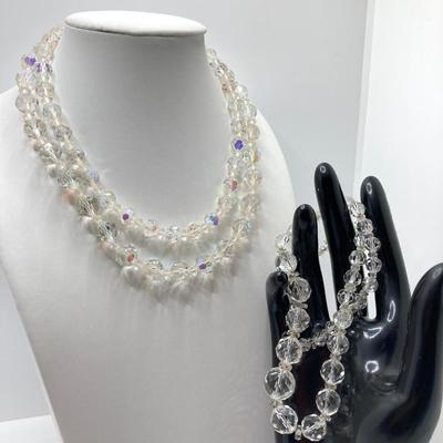 LOT 33: Faceted Crystal Beads 17", Double Strand Aurora Borealis Crystal Beads 17" and Rhinestone Necklaces and Earrings