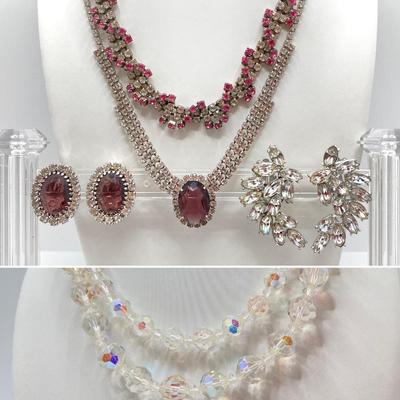 LOT 33: Faceted Crystal Beads 17", Double Strand Aurora Borealis Crystal Beads 17" and Rhinestone Necklaces and Earrings