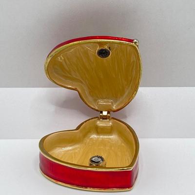 LOT 35: 10KT Gold Jade Pierced Earrings and Heart Shaped Enamel Trinket Box