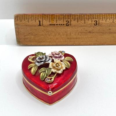 LOT 35: 10KT Gold Jade Pierced Earrings and Heart Shaped Enamel Trinket Box