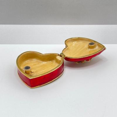 LOT 35: 10KT Gold Jade Pierced Earrings and Heart Shaped Enamel Trinket Box