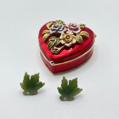 LOT 35: 10KT Gold Jade Pierced Earrings and Heart Shaped Enamel Trinket Box