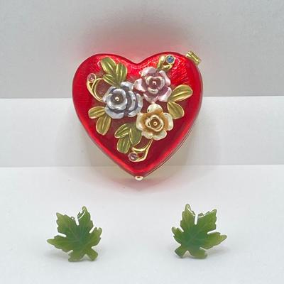 LOT 35: 10KT Gold Jade Pierced Earrings and Heart Shaped Enamel Trinket Box