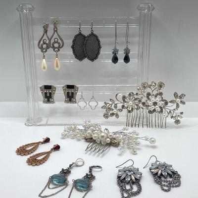 LOT 36: Collection of Pierced Dangle Earrings and Intricate Beaded / Stone Hair Combs