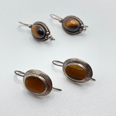 LOT 37: Two Pair of Vintage Sterling and Tigers Eye Pierced Earrings