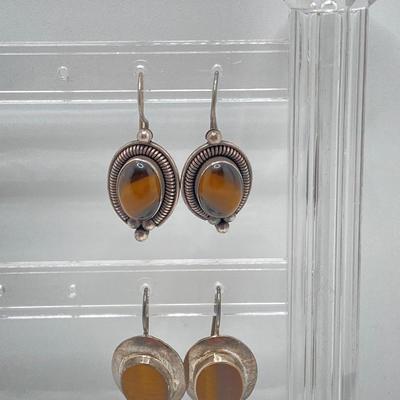 LOT 37: Two Pair of Vintage Sterling and Tigers Eye Pierced Earrings