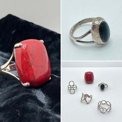 LOT 38: Sterling Ring Collection - Onyx, Hand Crafted and Faux Stone (Sizes 5.5 to 9)