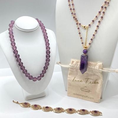 LOT 41: Aviva Stanoff Luxe Tribe Amethyst Bottle (14K Gold Plate), Faceted Glass Beads and More
