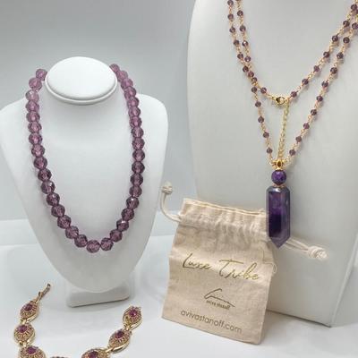 LOT 41: Aviva Stanoff Luxe Tribe Amethyst Bottle (14K Gold Plate), Faceted Glass Beads and More