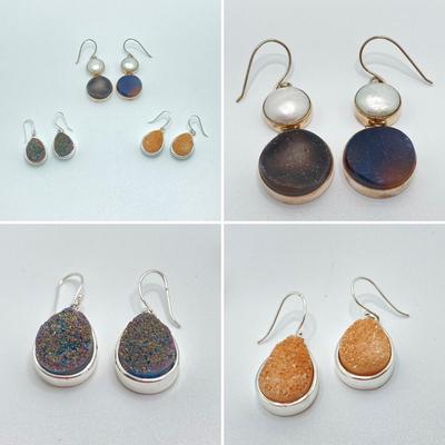 LOT 49: Three Pair of Druzy Style Pierced Earrings - (One 925 Cultured Pearl Druzy Included)