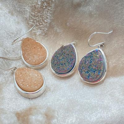 LOT 49: Three Pair of Druzy Style Pierced Earrings - (One 925 Cultured Pearl Druzy Included)
