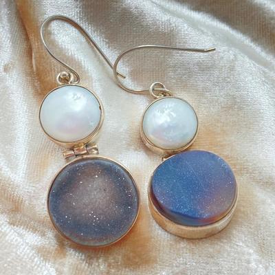 LOT 49: Three Pair of Druzy Style Pierced Earrings - (One 925 Cultured Pearl Druzy Included)