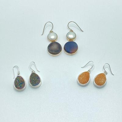 LOT 49: Three Pair of Druzy Style Pierced Earrings - (One 925 Cultured Pearl Druzy Included)