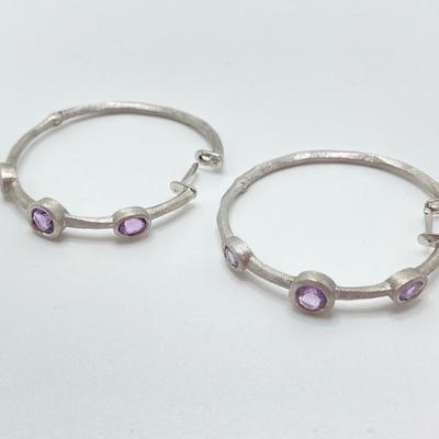 LOT 51: Amethyst Hoop Earrings and Artisan Sterling and Gemstone Bangle Bracelet