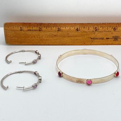 LOT 51: Amethyst Hoop Earrings and Artisan Sterling and Gemstone Bangle Bracelet