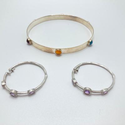 LOT 51: Amethyst Hoop Earrings and Artisan Sterling and Gemstone Bangle Bracelet