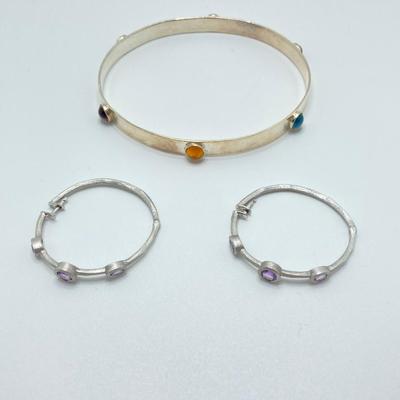 LOT 51: Amethyst Hoop Earrings and Artisan Sterling and Gemstone Bangle Bracelet