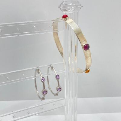 LOT 51: Amethyst Hoop Earrings and Artisan Sterling and Gemstone Bangle Bracelet