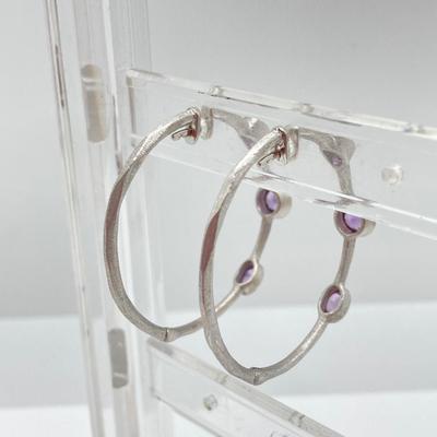 LOT 51: Amethyst Hoop Earrings and Artisan Sterling and Gemstone Bangle Bracelet