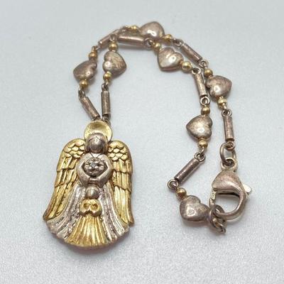LOT 54: Gorham Sterling Angel Heart Charm Bracelet - 7" and Pair of Two Tone Hoop Earrings - TW 25.2g
