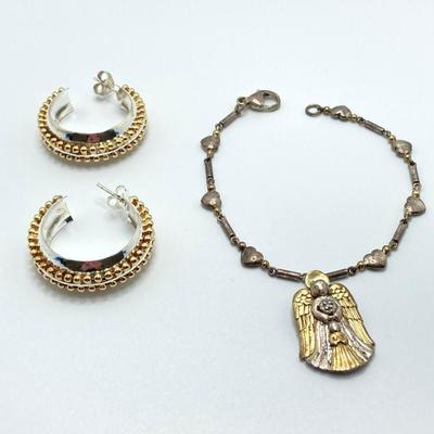LOT 54: Gorham Sterling Angel Heart Charm Bracelet - 7" and Pair of Two Tone Hoop Earrings - TW 25.2g
