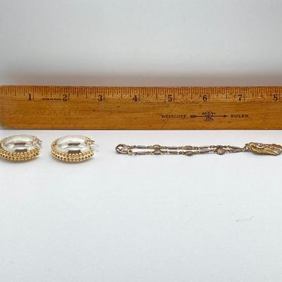 LOT 54: Gorham Sterling Angel Heart Charm Bracelet - 7" and Pair of Two Tone Hoop Earrings - TW 25.2g