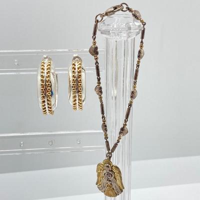LOT 54: Gorham Sterling Angel Heart Charm Bracelet - 7" and Pair of Two Tone Hoop Earrings - TW 25.2g